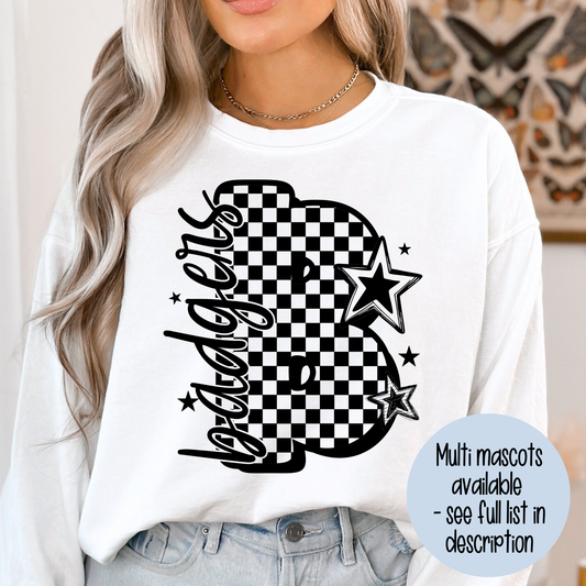 Checkered B Badgers (Multi Mascot Options) Full Color DTF Transfer