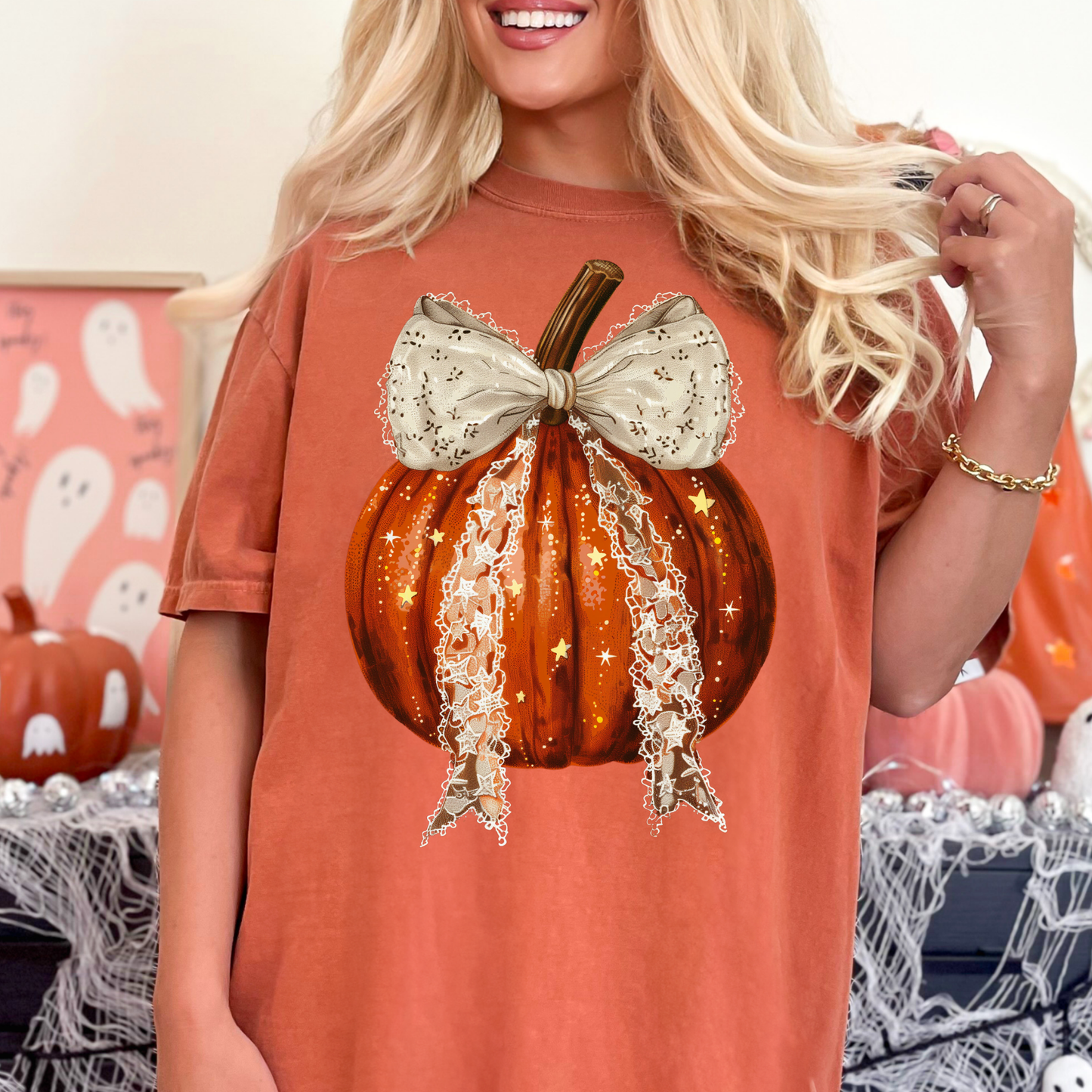 Pumpkin w/Lace Bow Full Color DTF Transfer