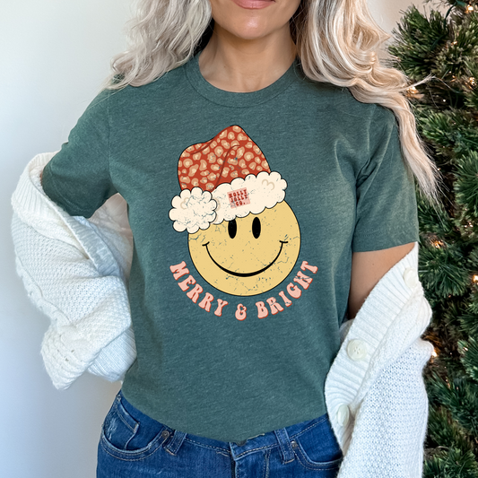 Merry and Bright Smiley Face w/Santa Hat Full Color DTF Transfer