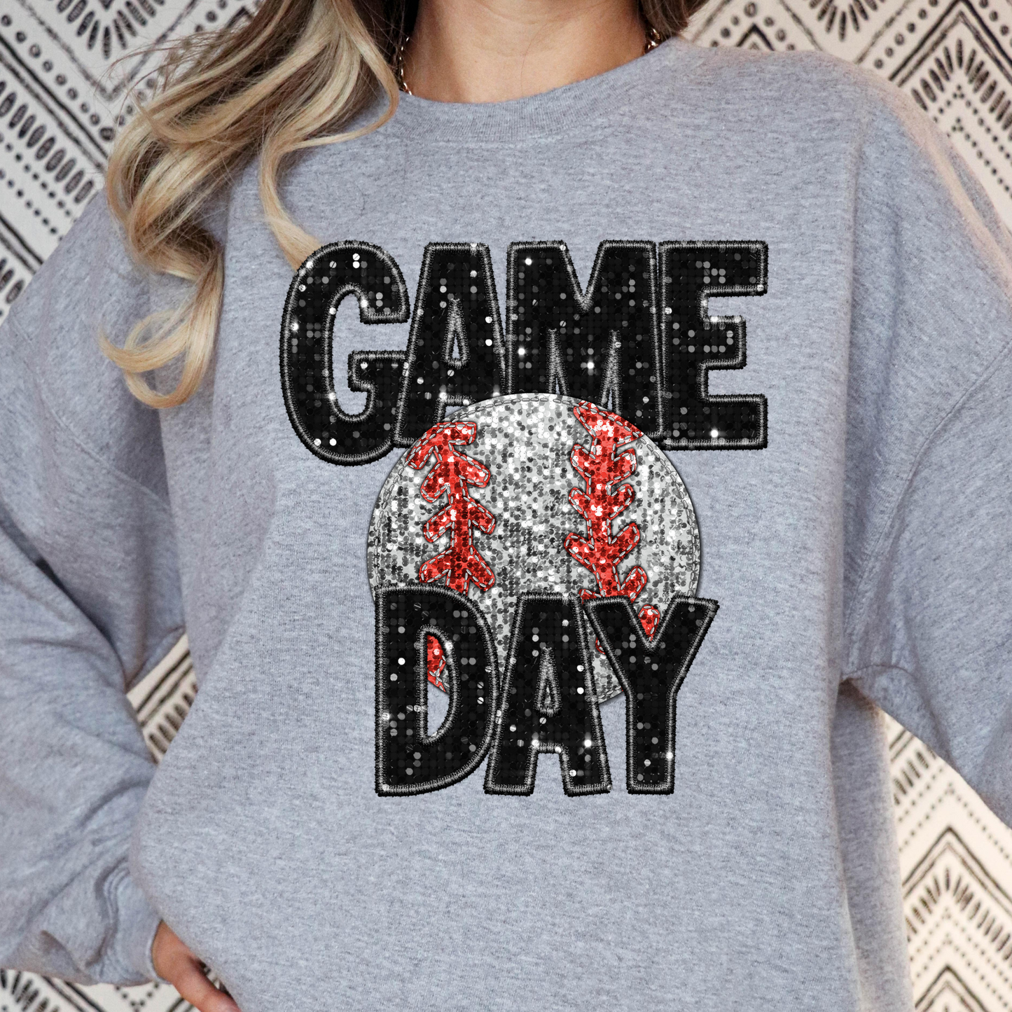 Game Day Baseball (Faux Embroidery w/Sequins) Full Color DTF Transfer