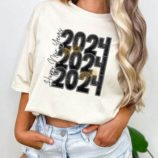 Happy New Year 2024 (Faux Sequin and Embroidery) Full Color DTF Transfer