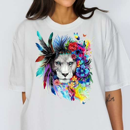 Lion w/Multi Color Flowers and Feathers Full Color DTF Transfer