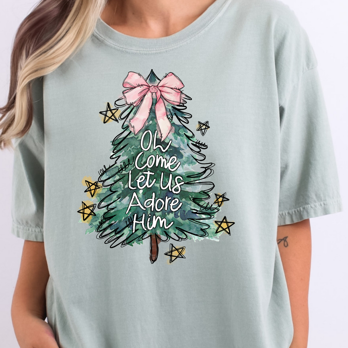 Oh Come Let Us Adore Us Christmas Tree Full Color DTF Transfer