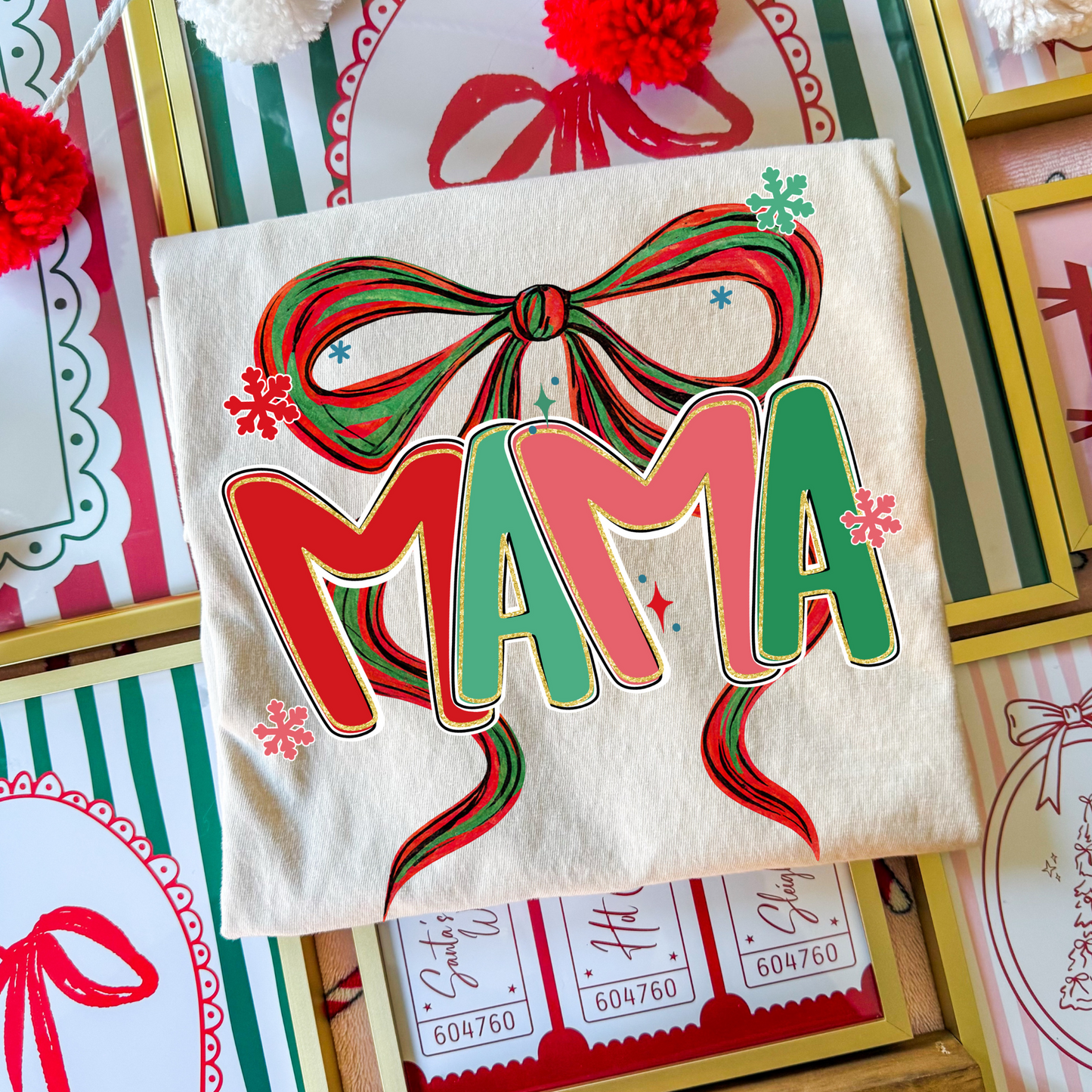 Bow Christmas Mama (MAMA ONLY- ALPHA AVAILABLE FOR OTHER NAMES - SEE THAT LISTING) Full Color DTF Transfer