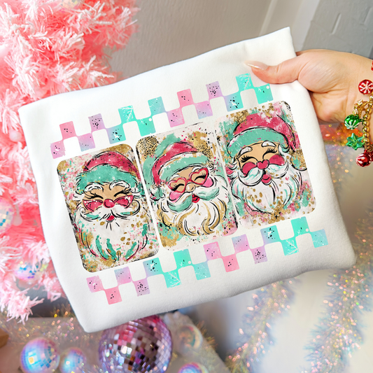 Colorful Checkered Santa Heads Full Color DTF Transfer