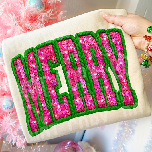 Merry (Faux Yarn/Sequin) Full Color DTF Transfer