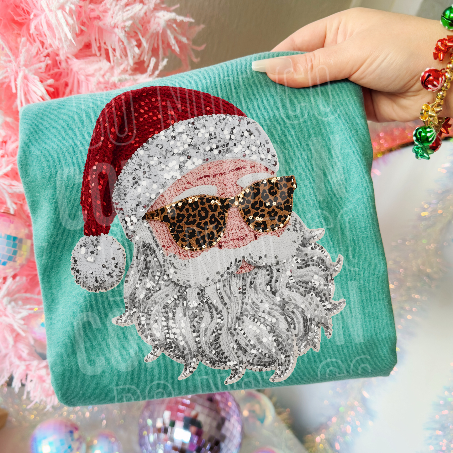 Santa w/Leopard Glasses (Faux Sequin/Yarn) Full Color DTF Transfer