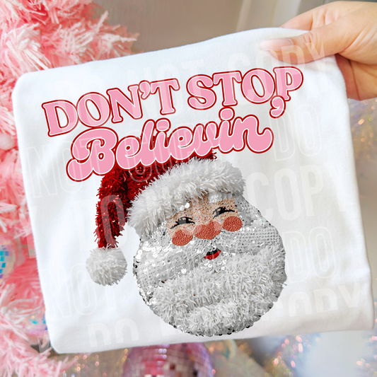 Don't Stop Believin' Santa (Faux Sequin/Thread) Full Color DTF Transfer
