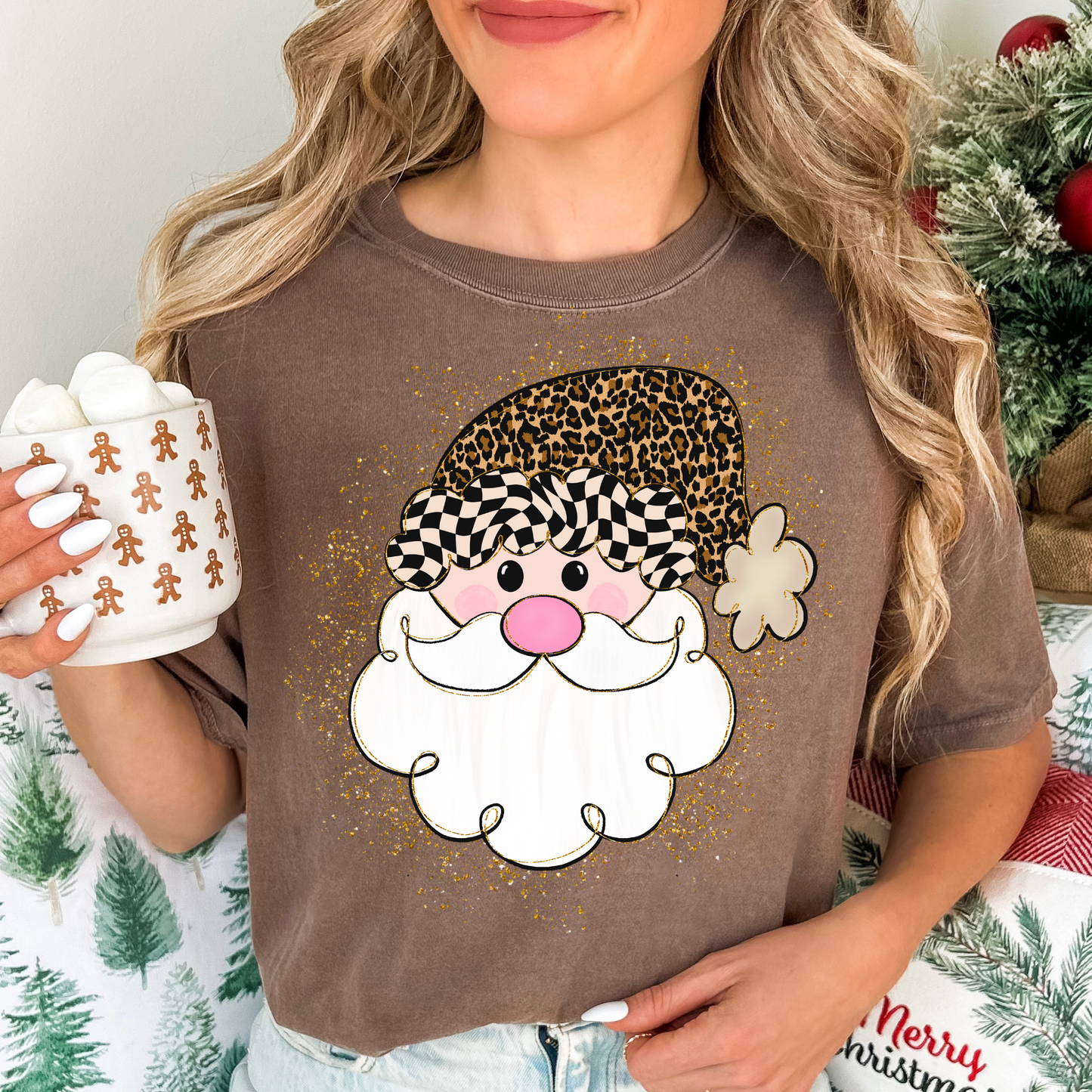 Santa Head w/Leopard Hat (Faux Glitter Background) Full Color DTF Transfer