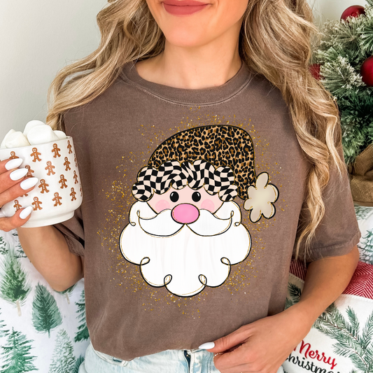 Santa Head w/Leopard Hat (Faux Glitter Background) Full Color DTF Transfer