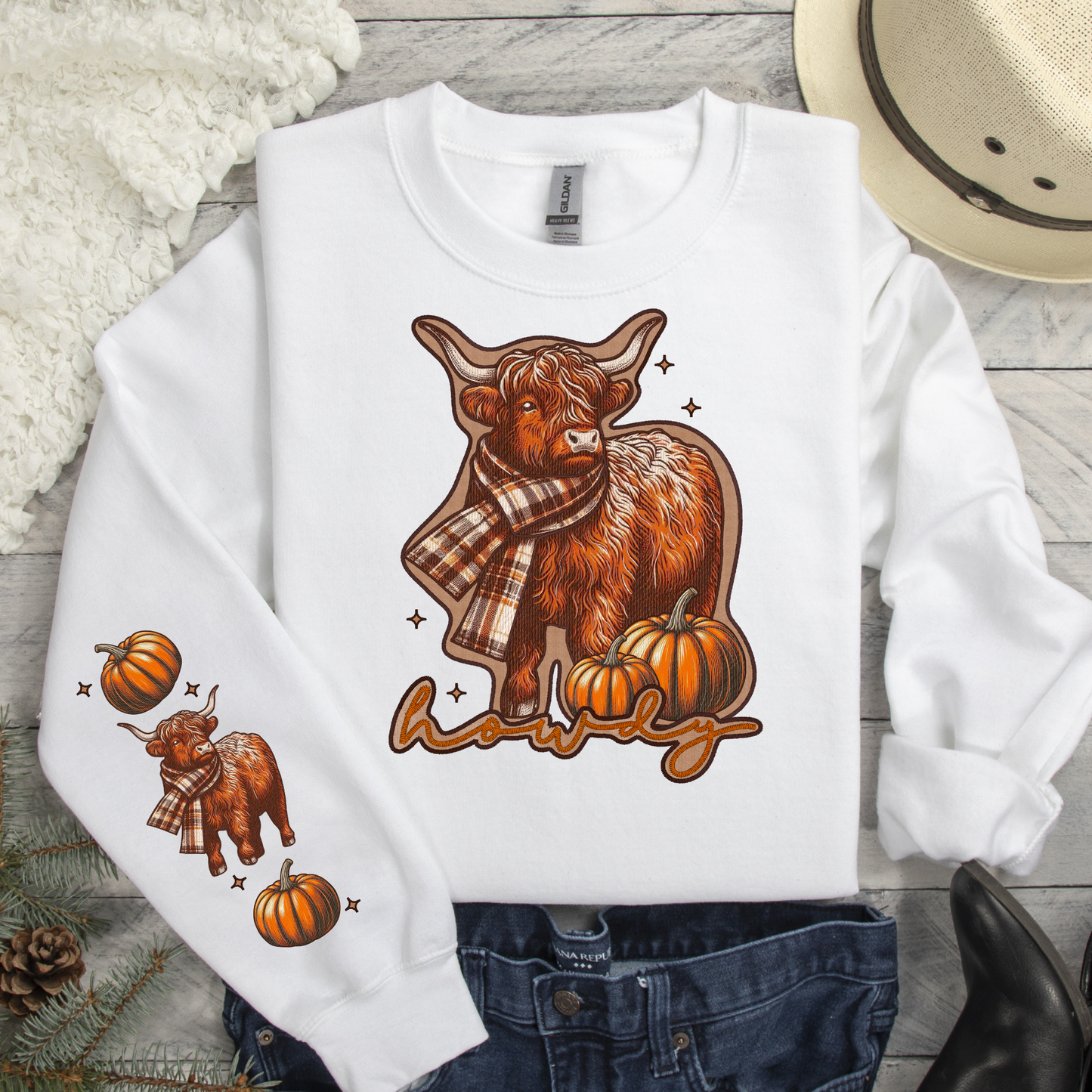 Howdy Fall Heifer and Pumpkin w/Sleeve Option Full Color DTF Transfer