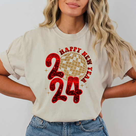 Happy New Year 2024 (Red/Gold Faux Glitter) Full Color DTF Transfer