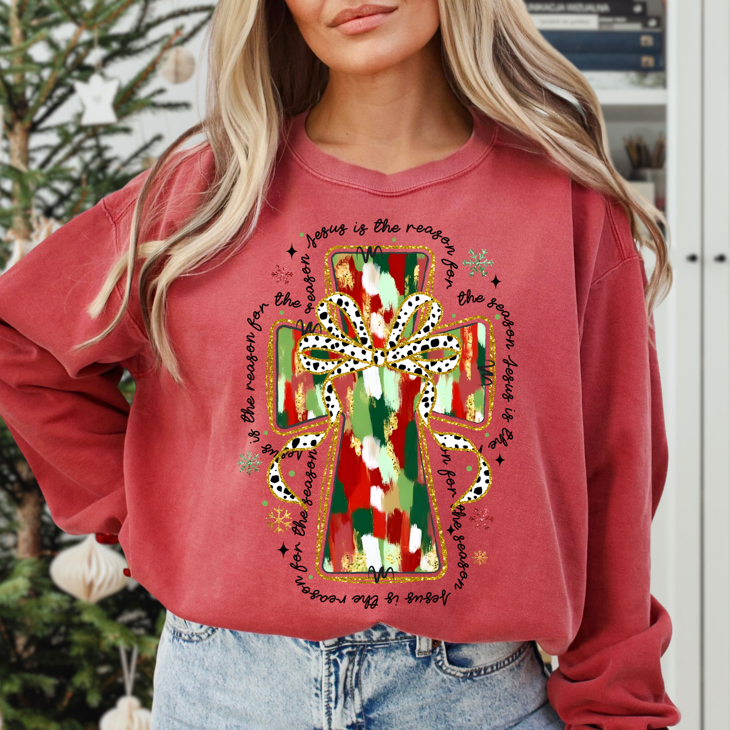 Jesus Is The Reason For The Season Brush Stroke Christmas Cross Full Color DTF Transfer