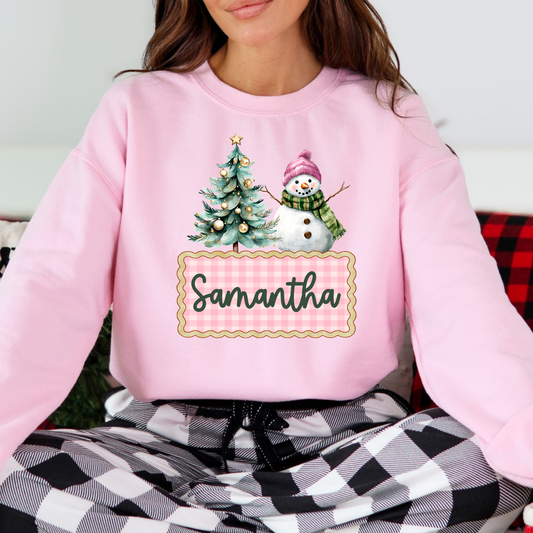 Personalized Pink Christmas Box w/Snowman Full Color DTF Transfer