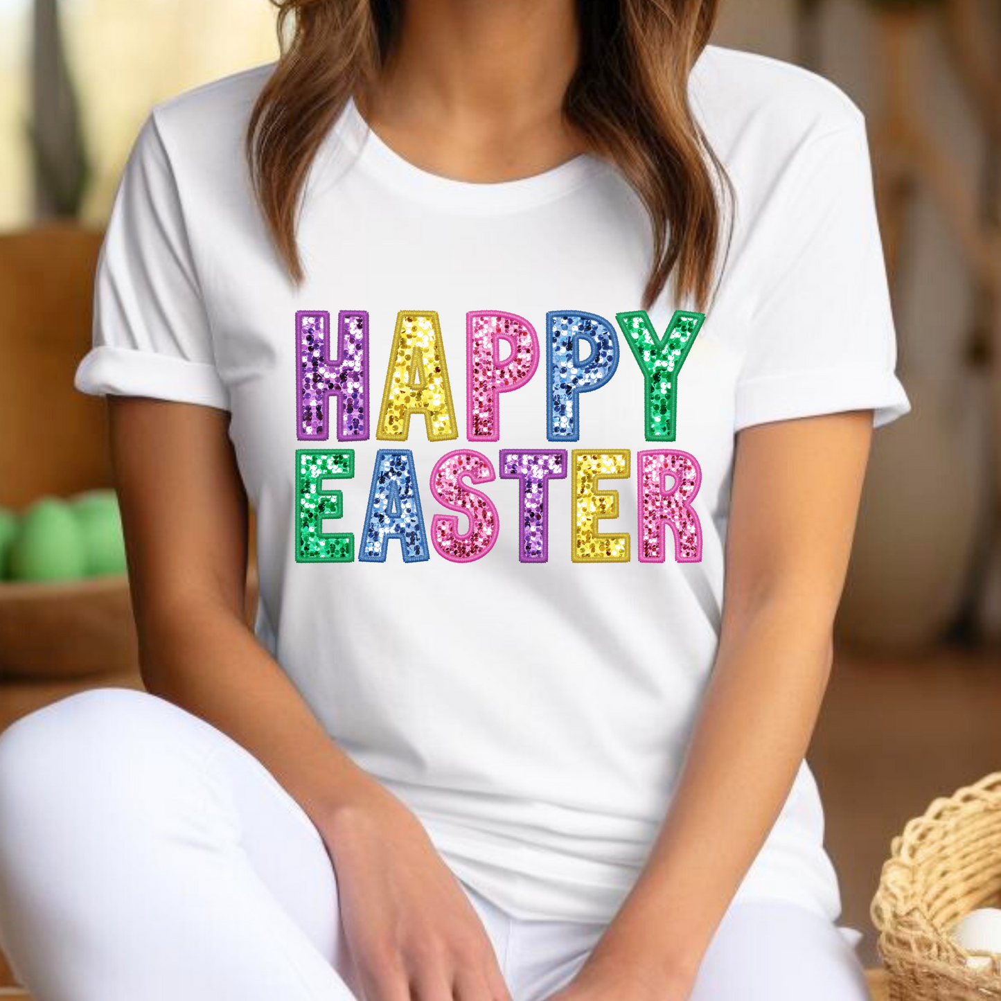 Happy Easter (Colorful Faux Glitter) Full Color DTF Transfer