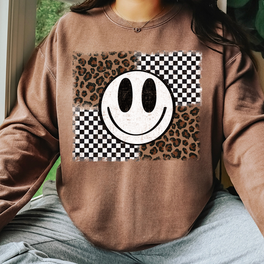 Leopard/Checkered Boxed Smiley Full Color DTF Transfer