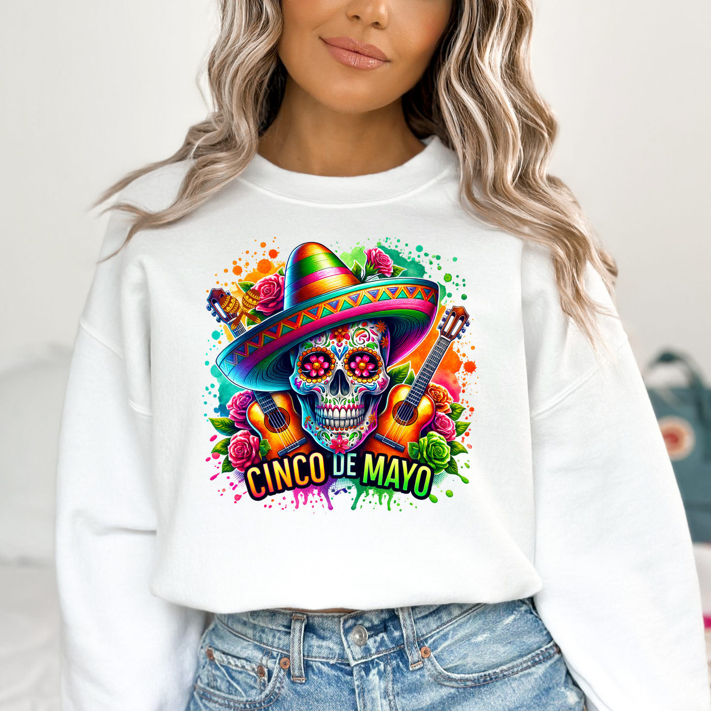 Skull in Sombrero (Colorful Background) Cinco De Mayo Full Color DTF Transfer