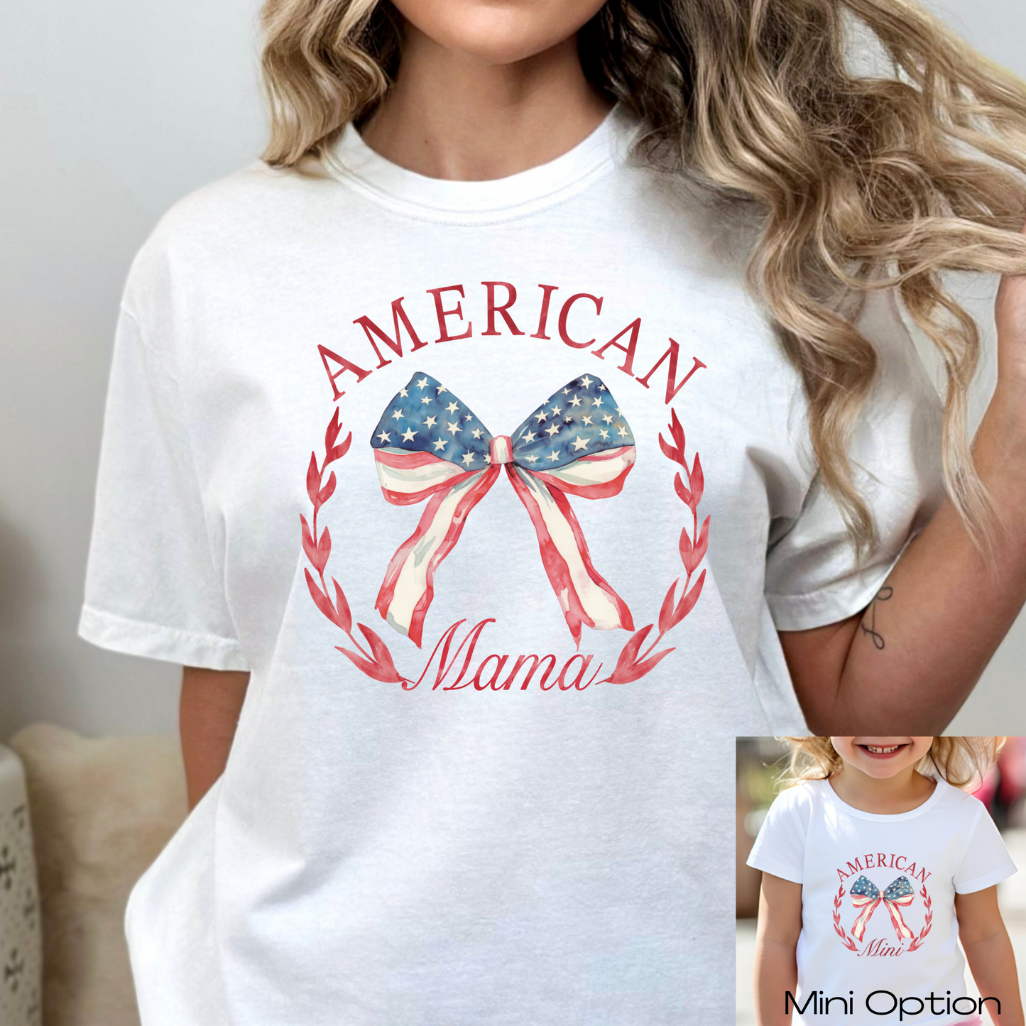 American  Mama w/Flag Bow (Mini Option) Full Color DTF Transfer