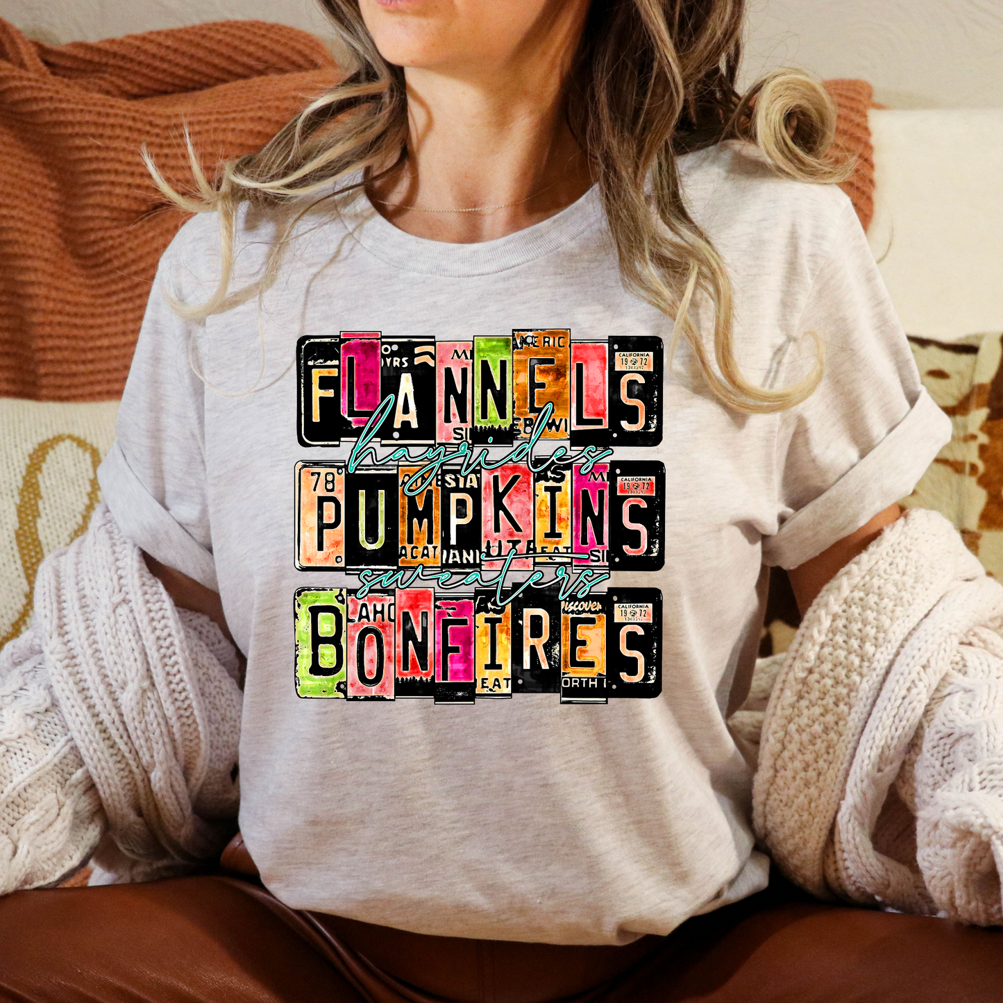 Flannels Hayrides Pumpkins Sweaters Bonfires (License Plate) Full Color DTF Transfer