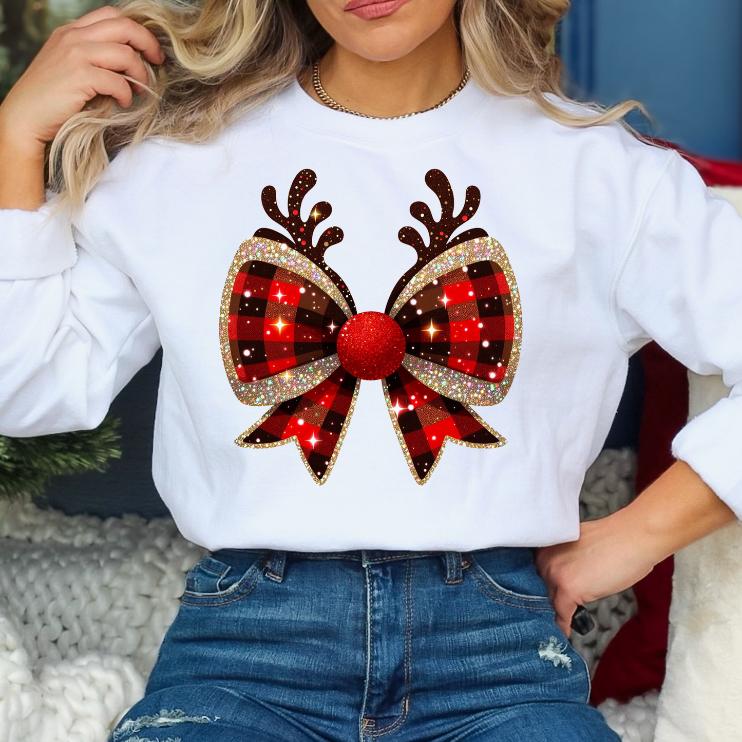 Plaid Bow (Faux Glitter) w/Reindeer Ears Full Color DTF Transfer