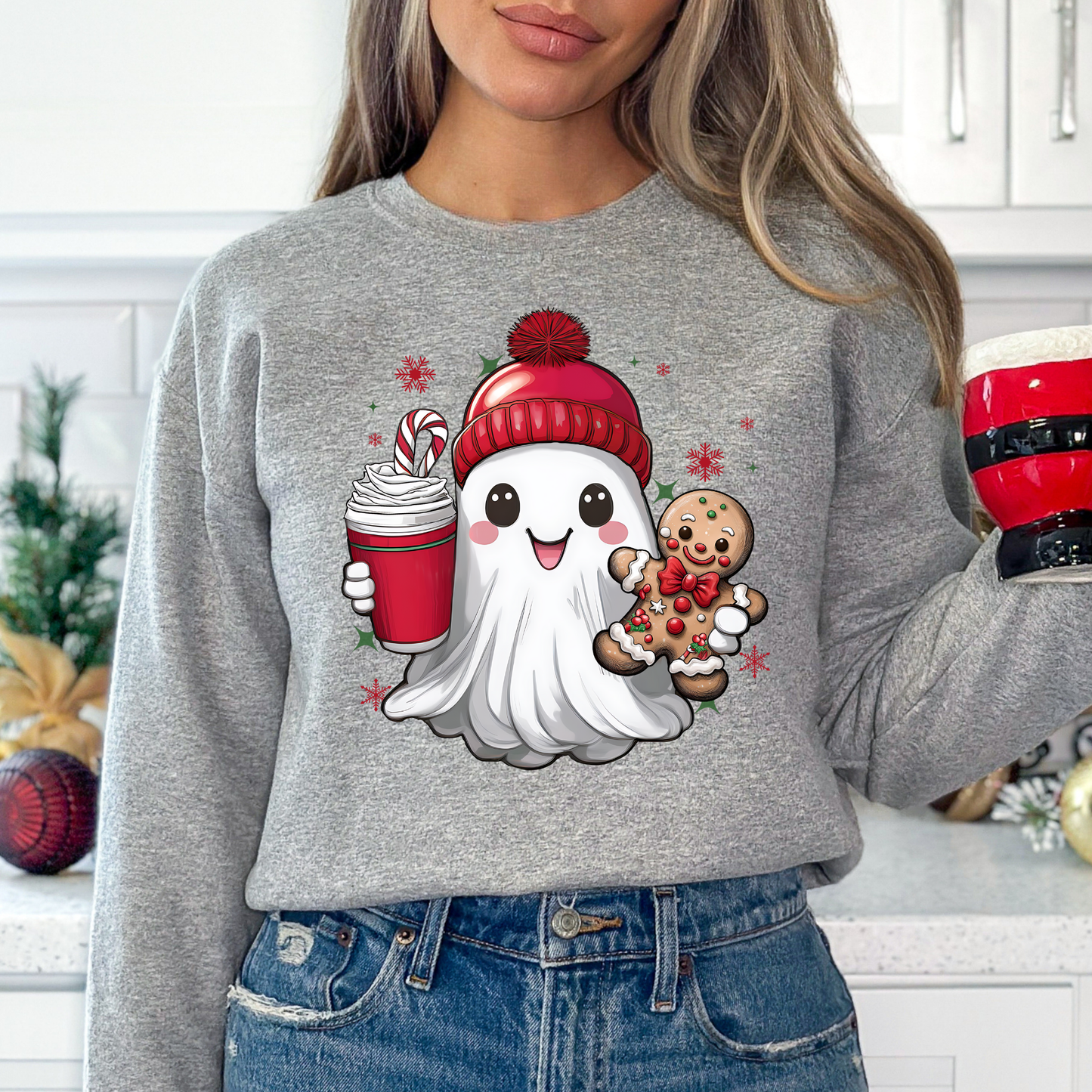 Cute Ghost w/ Coffee and Gingerbread Cookie Full Color DTF Transfer