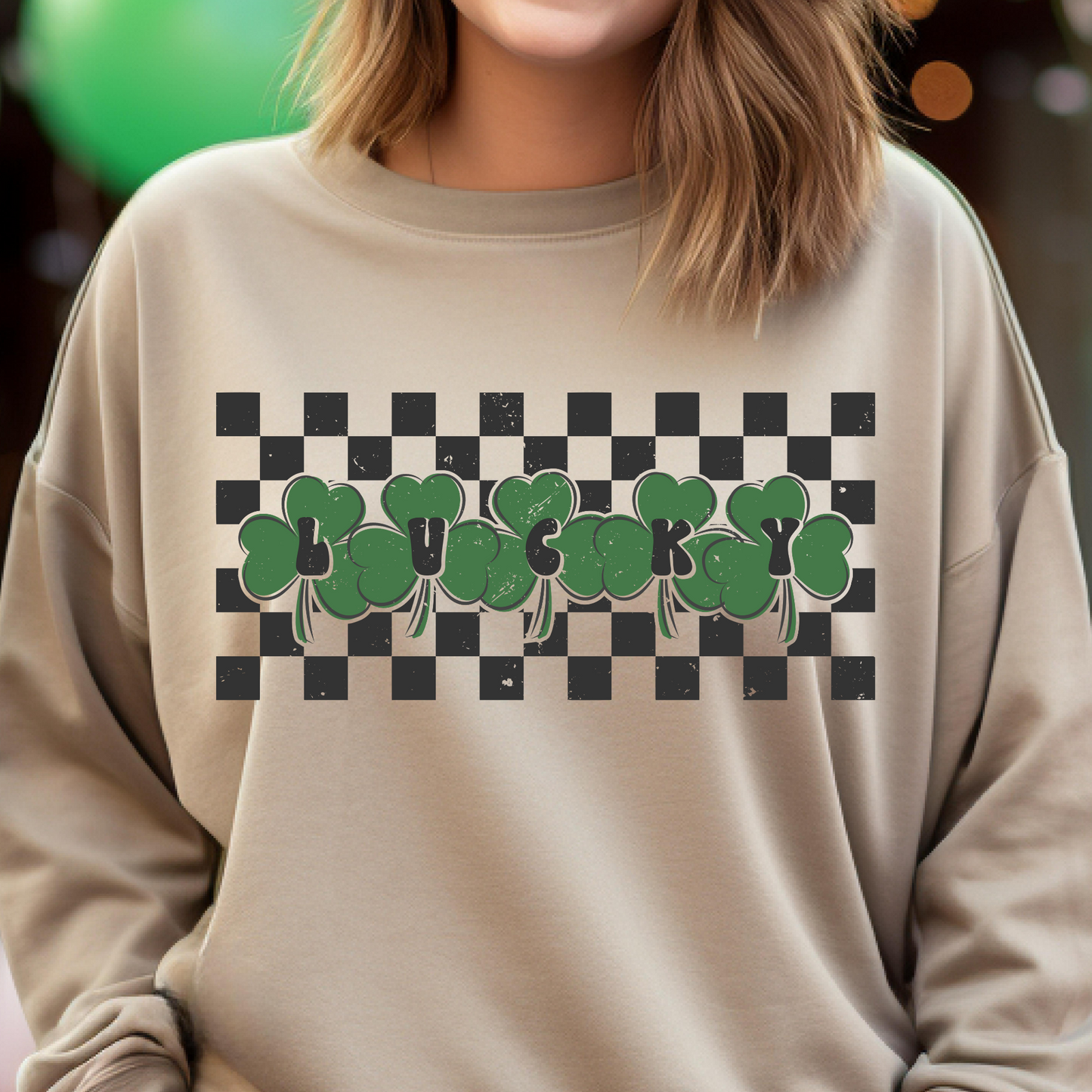 Checkered Lucky w/ Four Leaf Clovers Full Color DTF Transfer