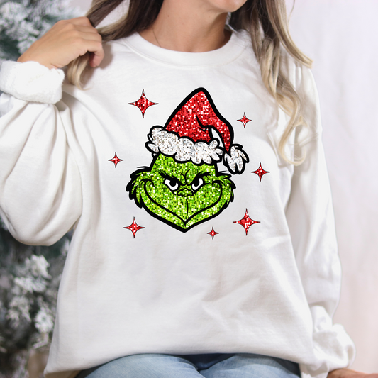 Smiling Grinch (Faux Glitter) Full Color DTF Transfer