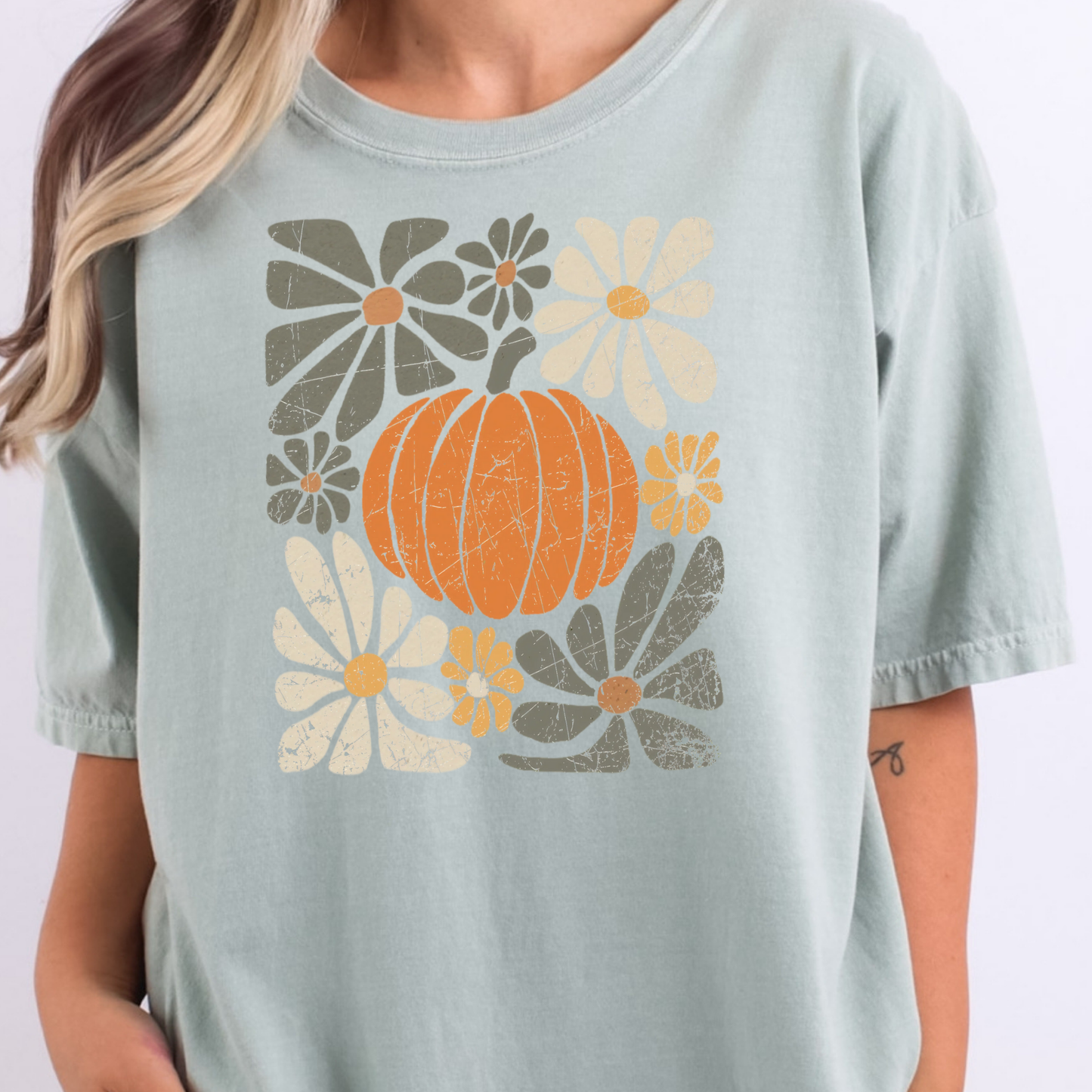 Pumpkin w/Surrounding Flowers Full Color DTF Transfer