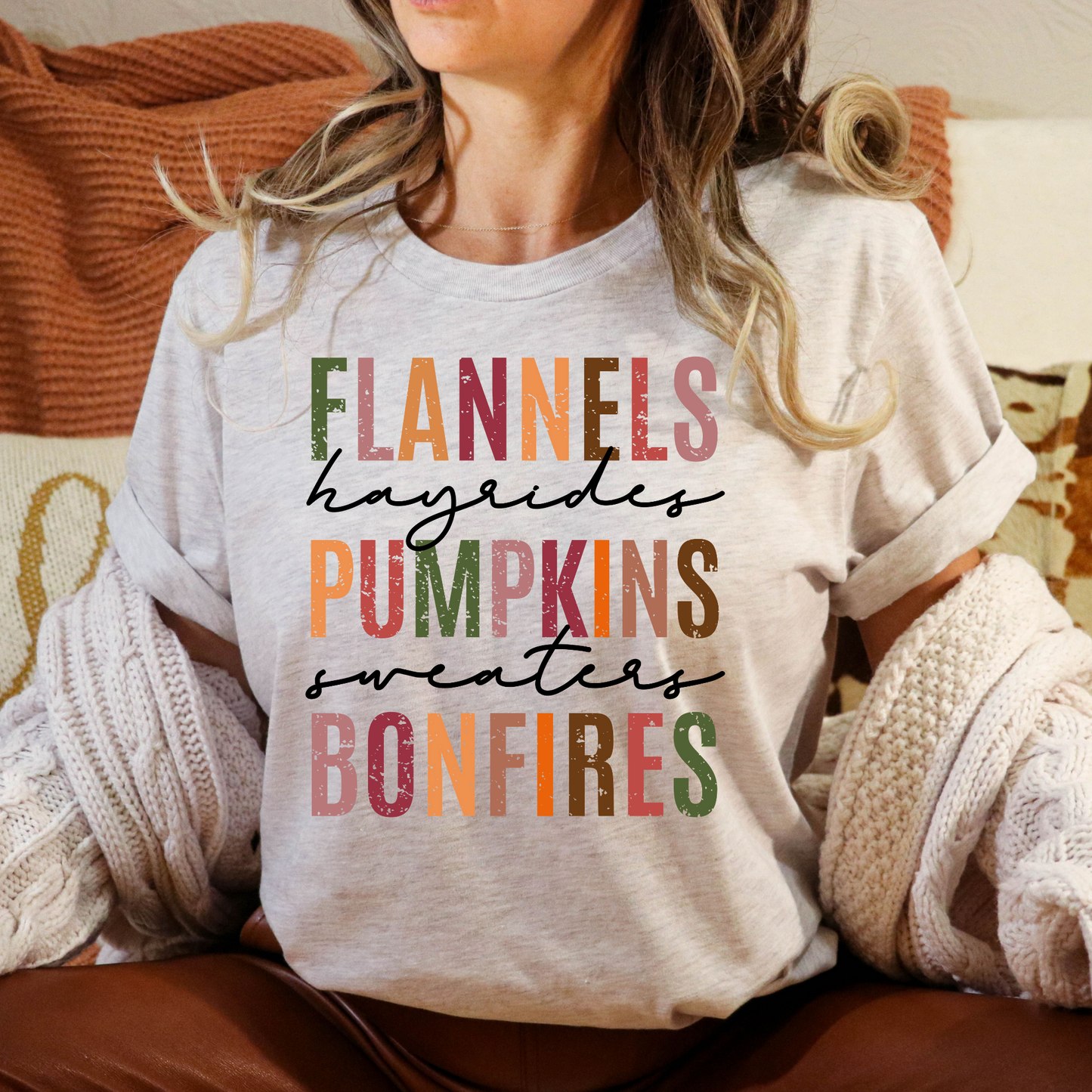 Flannels Hayrides Pumpkins Sweaters Bonfires (Green/Pink/Orange Tones) Full Color DTF Transfer