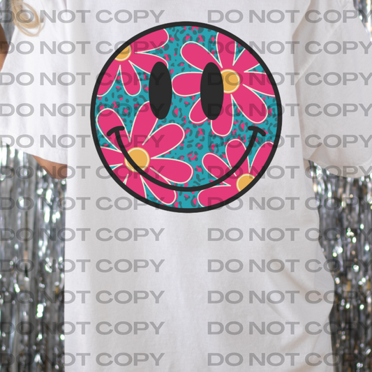 Teal Leopard Pink Flower Smiley Full Color DTF Transfer