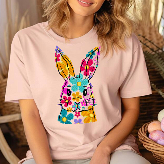 Faux Embroidery Floral Bunny Full Color DTF Transfer