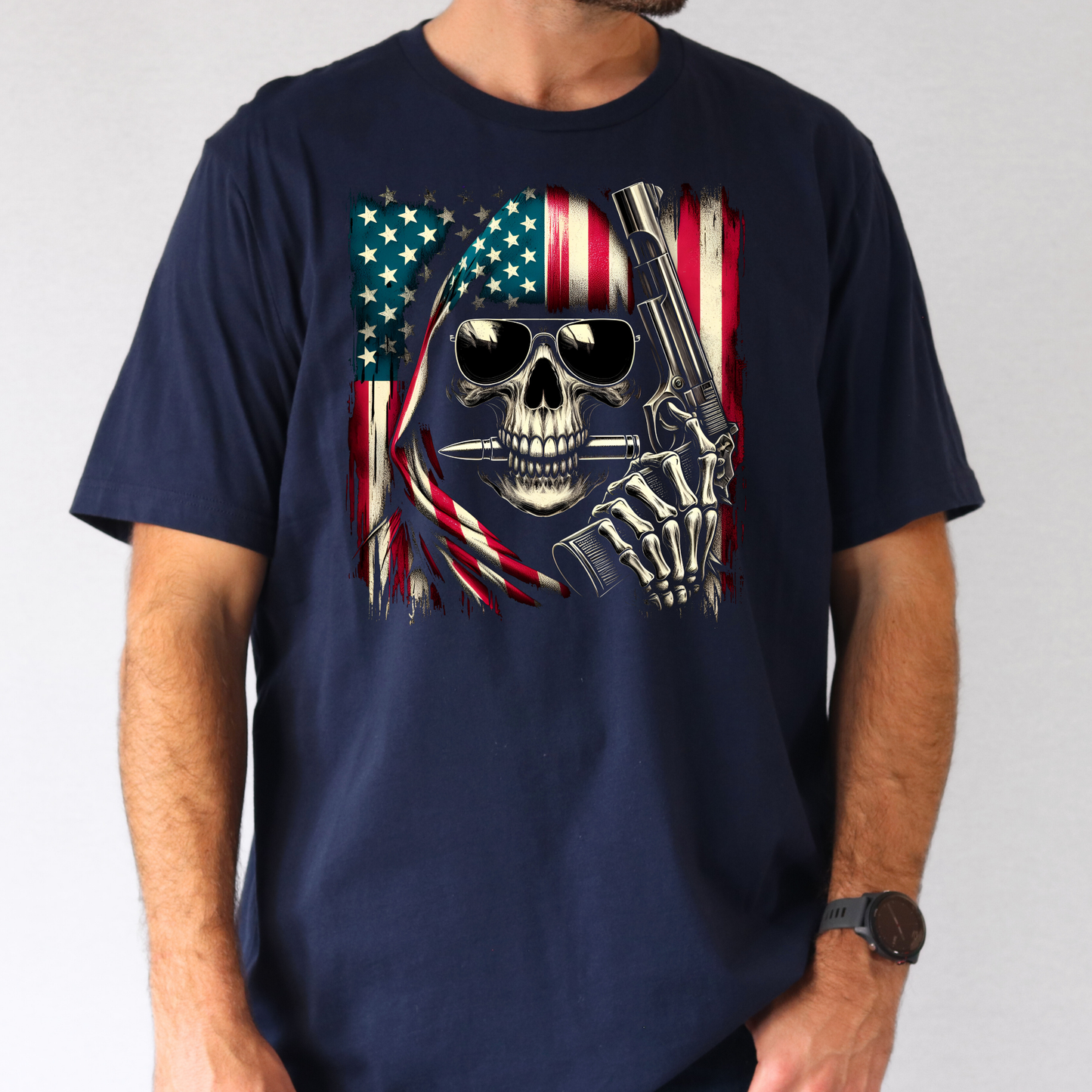 Skull w/Gun (Flag Background)  Full Color DTF Transfer