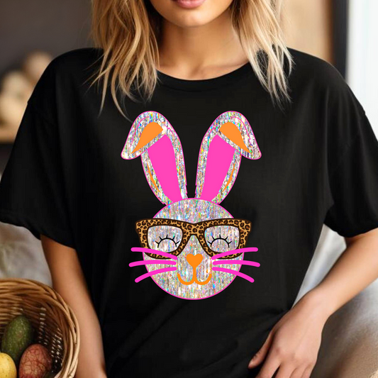 Faux Sequin Bunny w/Leopard Glasses Full Color DTF Transfer