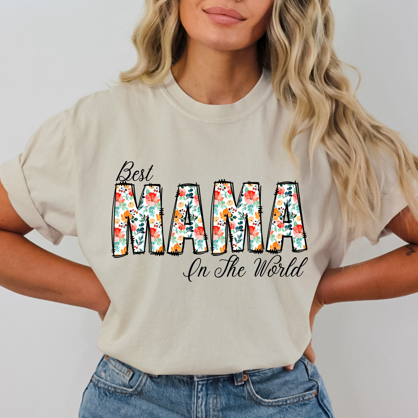 Best Mama In The World (Orange Floral - CUSTOMIZABLE) Full Color DTF Transfer