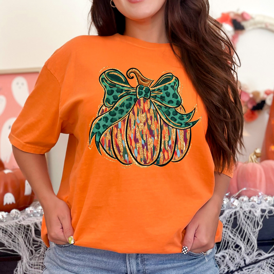 Brush Stroke Teal Bow Pumpkin Full Color DTF Transfer