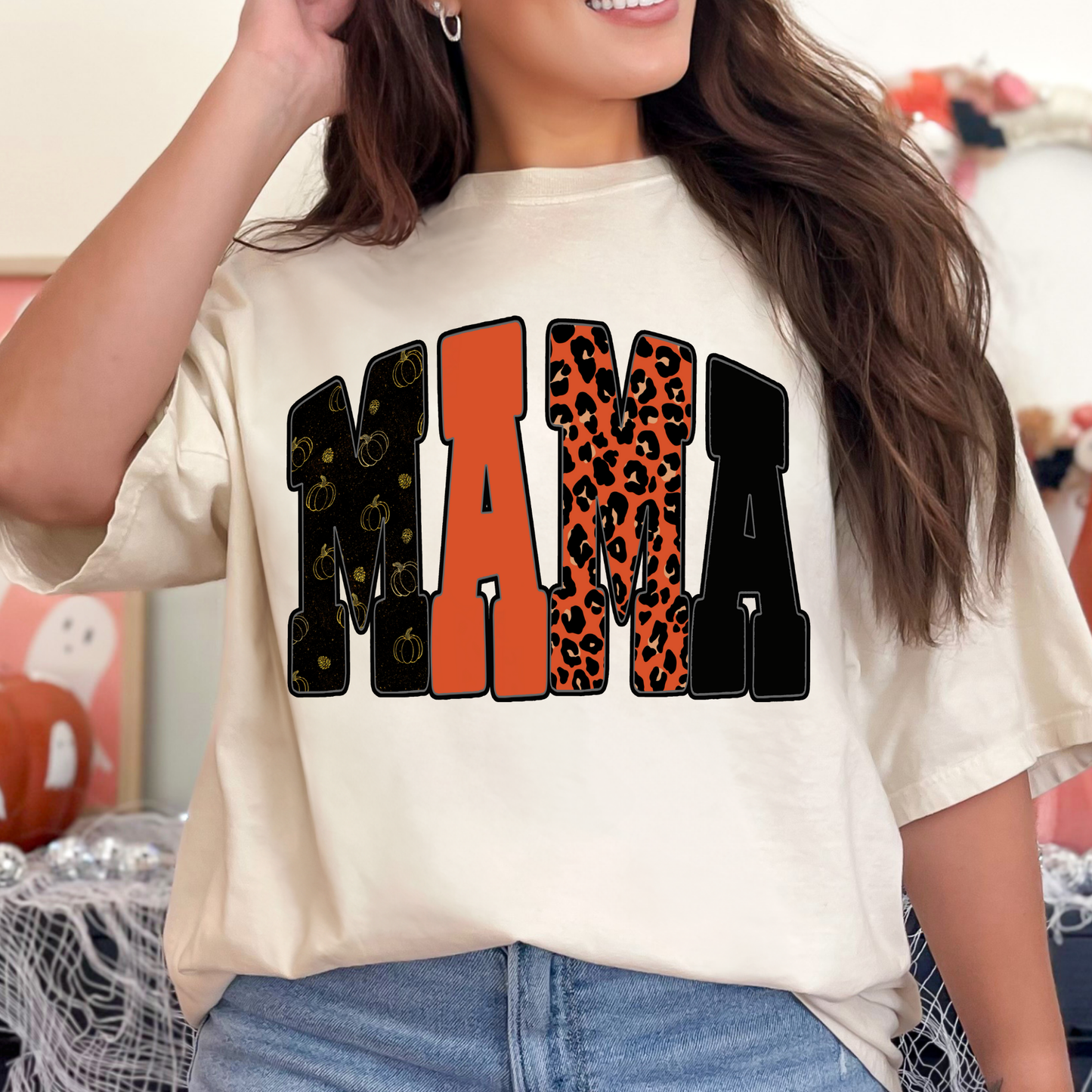 Mama Orange Leopard w/Outline Pumpkin Full Color DTF Transfer