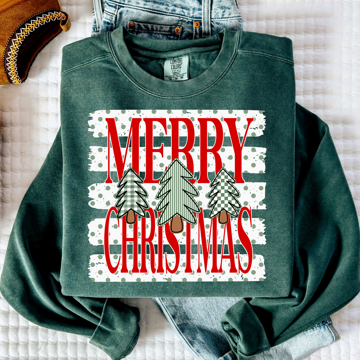 Merry Chrismtas (Striped Background w/Tree) Full Color DTF Transfer