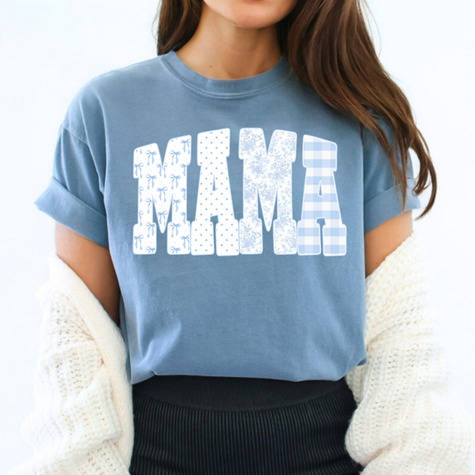 Mama (Blue Checkered/Floral/Bows) Full Color DTF Transfer