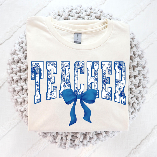 Blue Floral Teacher w/ Bow Full Color DTF Transfer