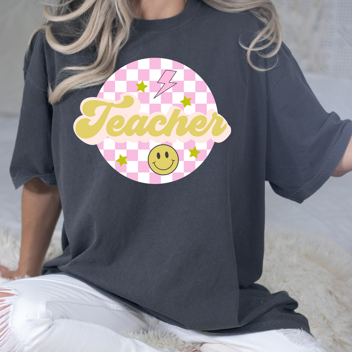 Pink/Yellow Teacher Checkered Circle Full Color DTF Transfer