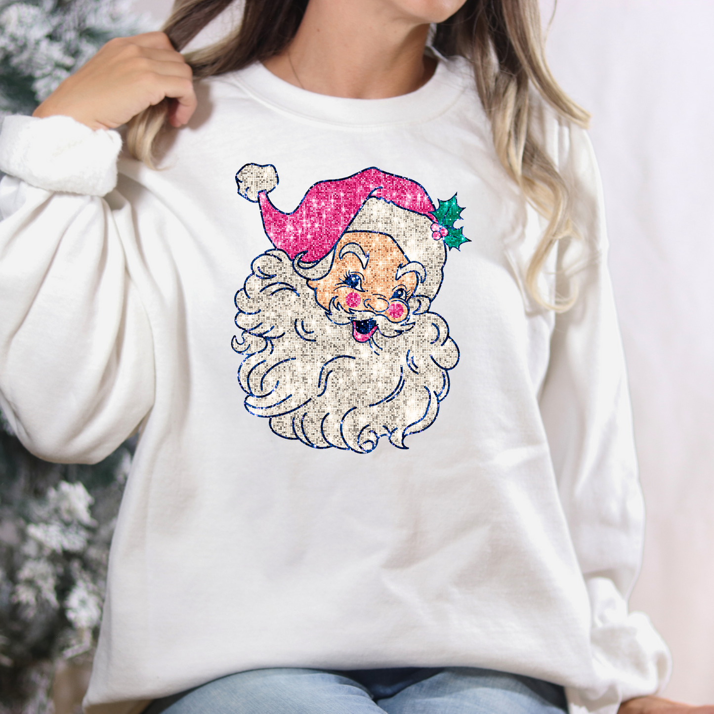 Pink Hat Santa (Faux Glitter) Full Color DTF Transfer