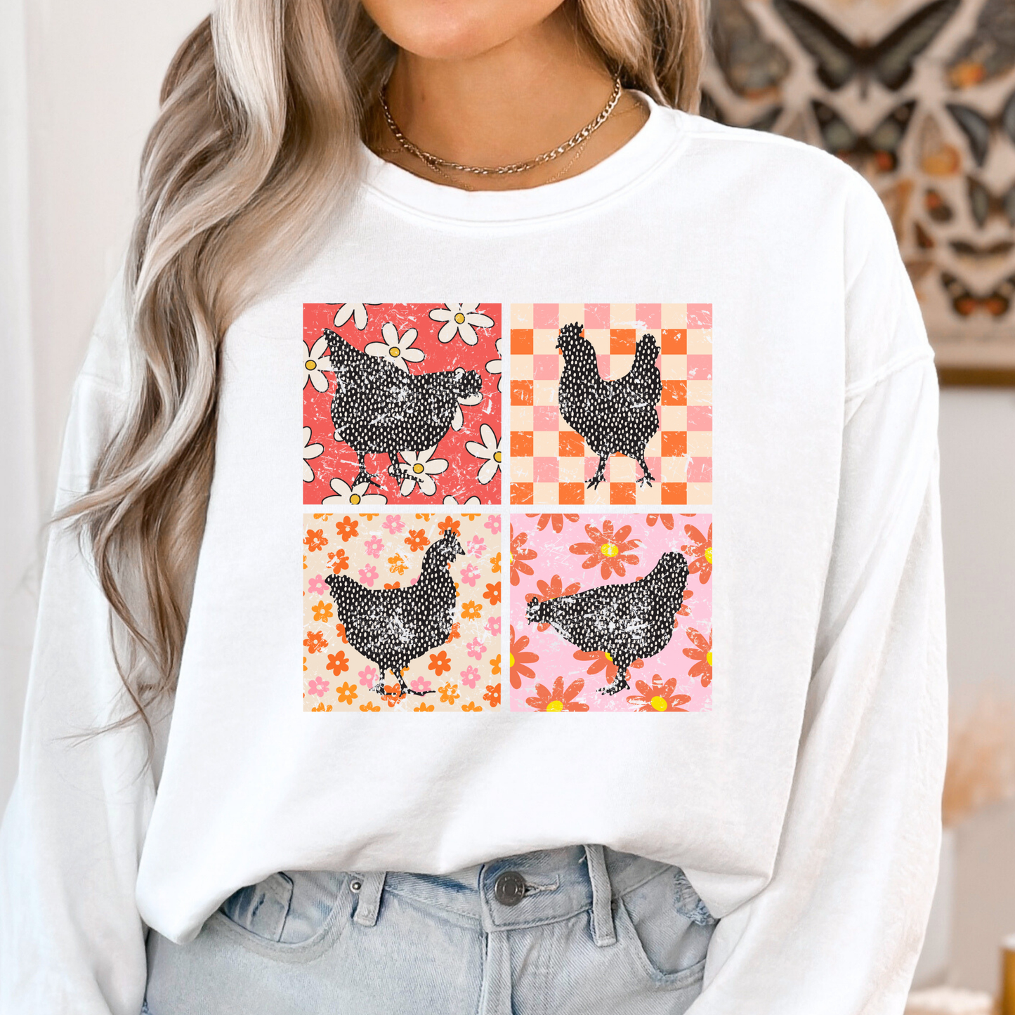 Floral Grid Chickens Full Color DTF Transfer