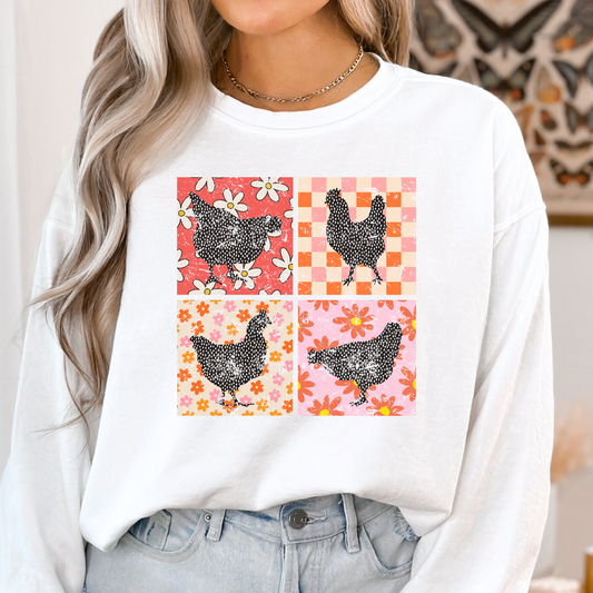 Floral Grid Chickens Full Color DTF Transfer