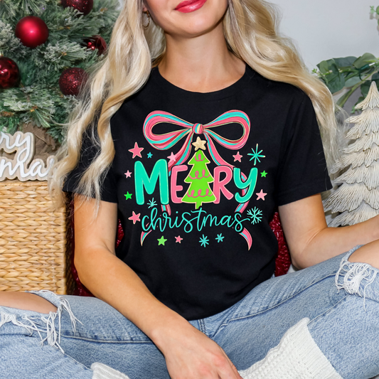Merry Christmas with Bow Full Color DTF Transfer