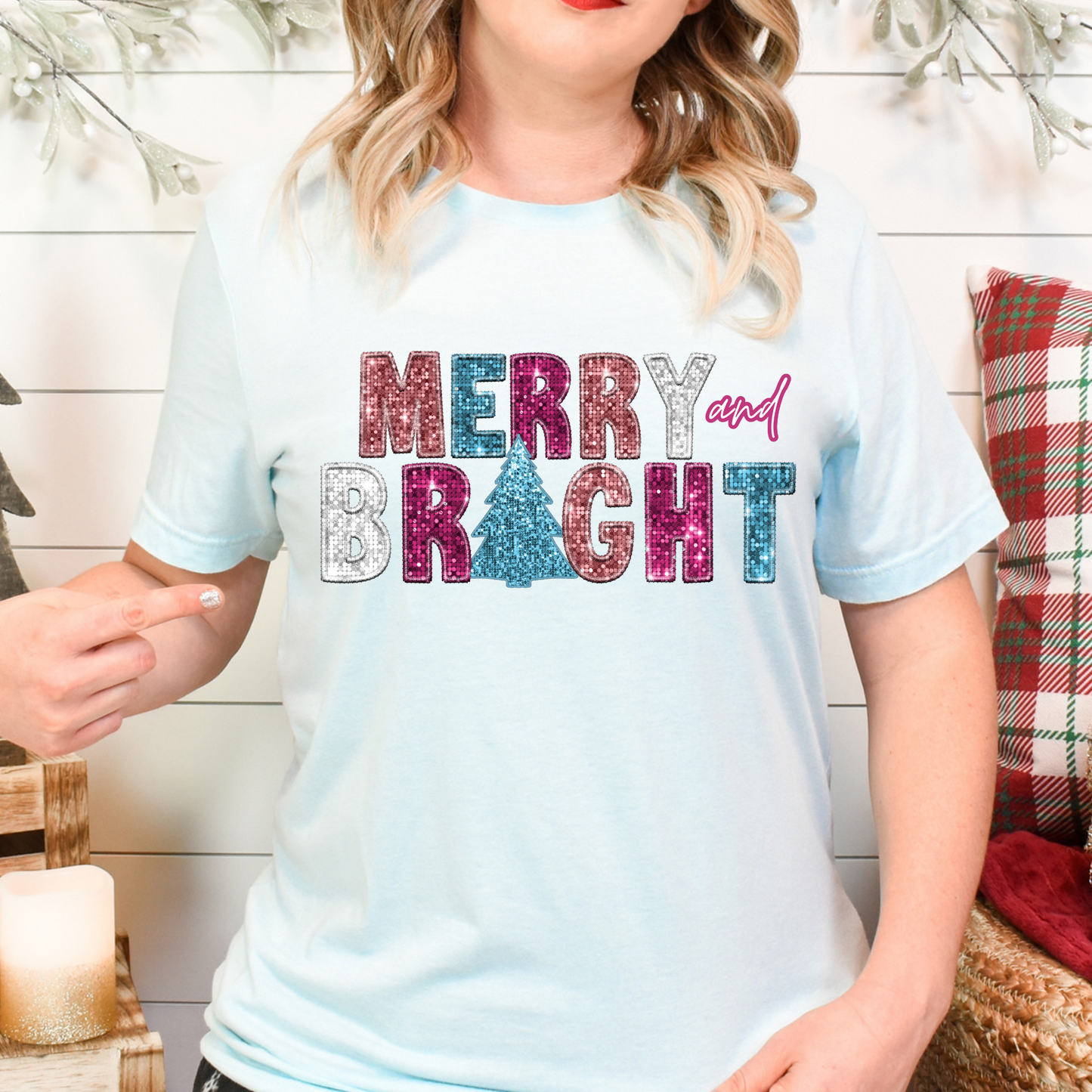 Merry & Bright Pinks/Blues (Faux Sequin and Embroidery) Full Color DTF Transfer