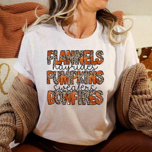 Flannels Hayrides Pumpkins Sweaters Bonfires (Leopard w/Orange Glitter) Full Color DTF Transfer