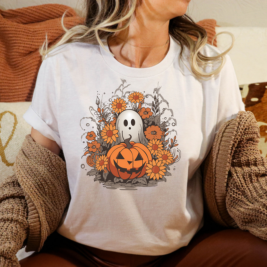 Ghost w/Pumpkin (Flower Background) Full Color DTF Transfer