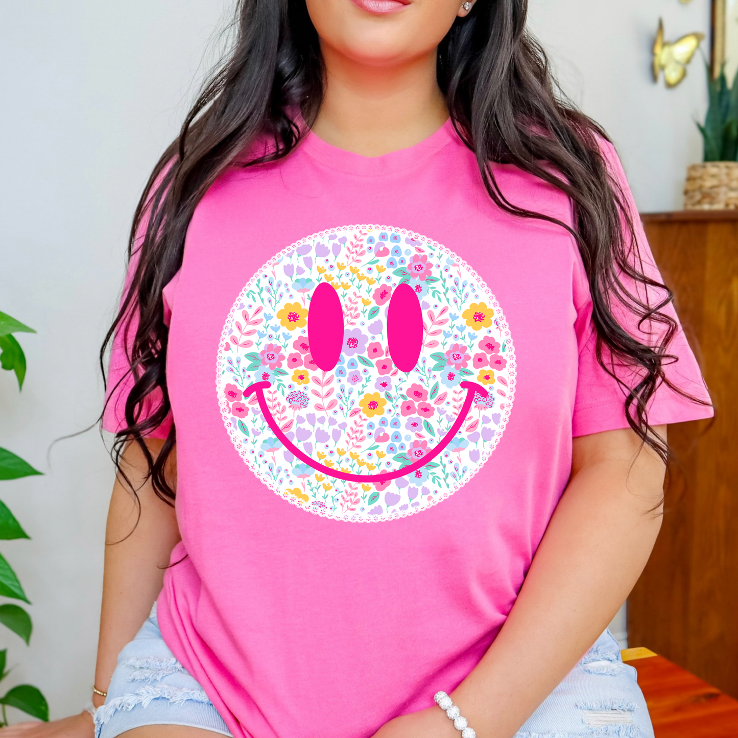 Floral Smiley (Lace Trim) Full Color DTF Transfer
