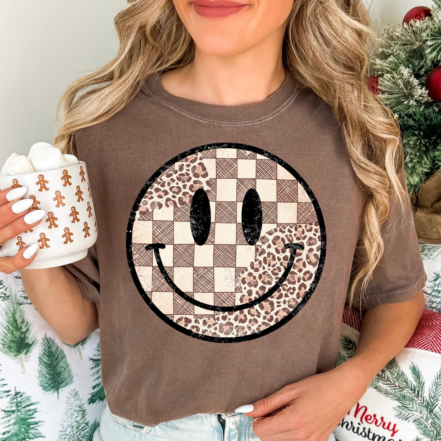 Checkered/Leopard Smiley Full Color DTF Transfer