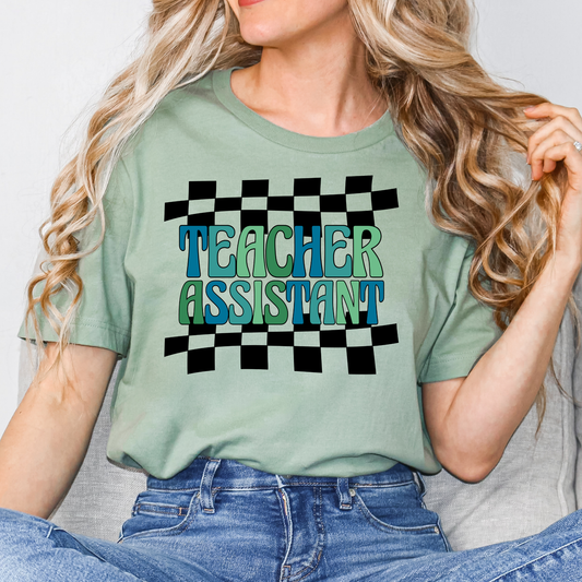 Teacher Assistant (Blues/Greens Checkered Background) Full Color DTF Transfer